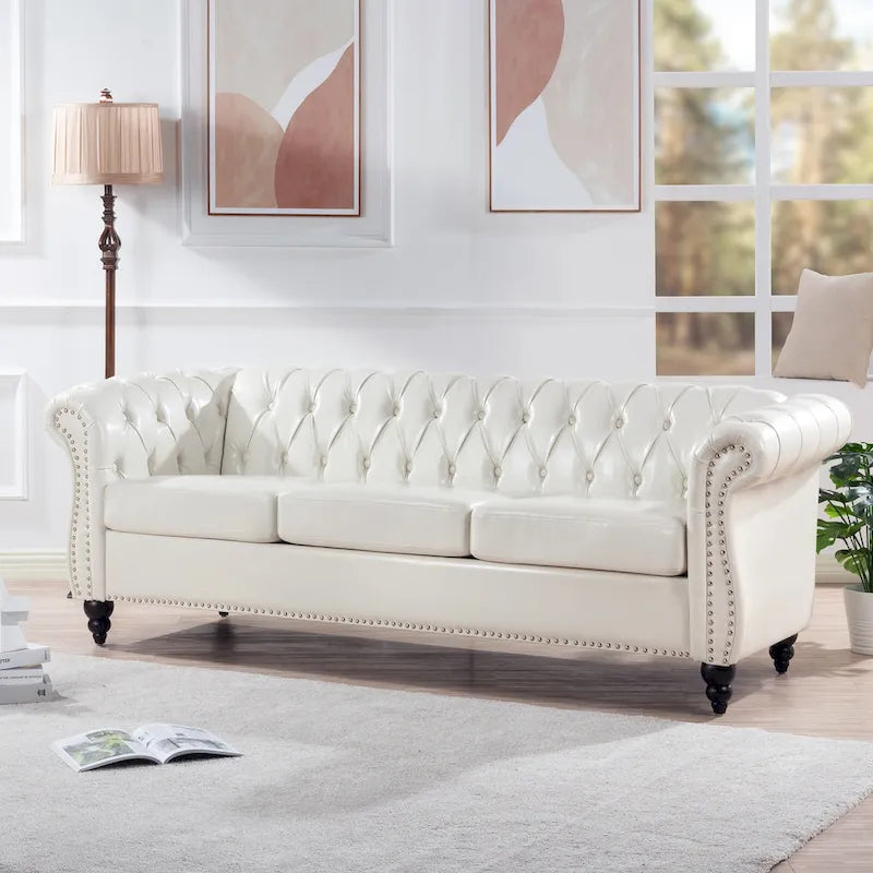 White 84.65 Chesterfield PU Leather 3-Seater Sofa with Button Tufted Backrest