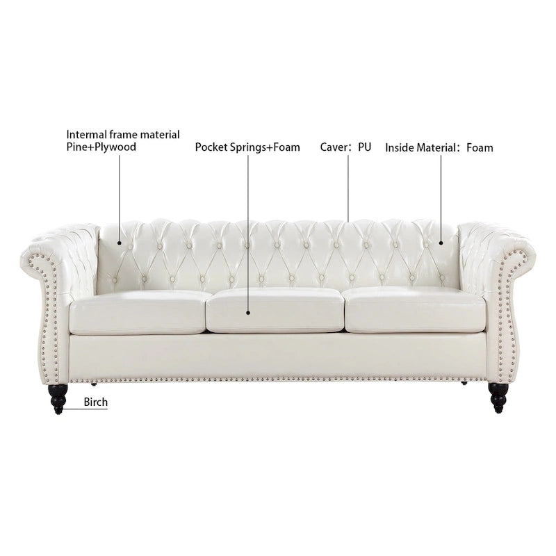 White 84.65 Chesterfield PU Leather 3-Seater Sofa with Button Tufted Backrest