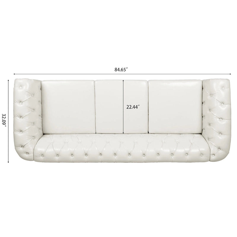 White 84.65 Chesterfield PU Leather 3-Seater Sofa with Button Tufted Backrest