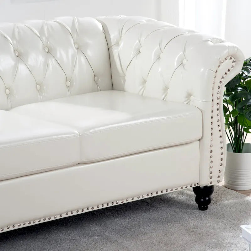 White 84.65 Chesterfield PU Leather 3-Seater Sofa with Button Tufted Backrest