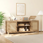 Rattan TV Stand for 75 Inch, Boho Entertainment Center with Storage and Doors
