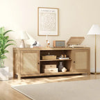 Rattan TV Stand for 75 Inch, Boho Entertainment Center with Storage and Doors