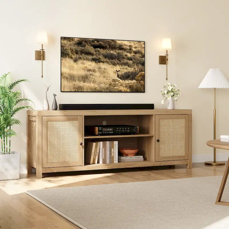 Rattan TV Stand for 75 Inch, Boho Entertainment Center with Storage and Doors