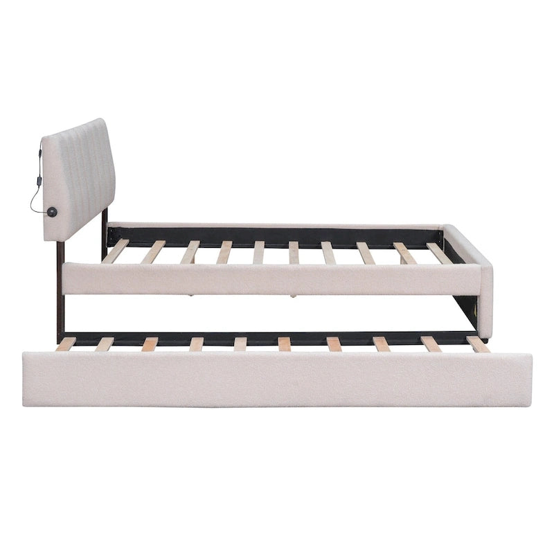 Full Size Teddy Fleece Platform Bed with Trundle Upholstered Bed Frame & Tufted Headboard Bunk Bed, Space-Saving, Easy Assembly