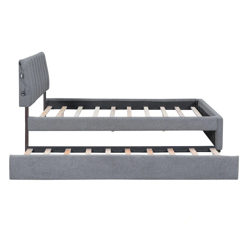 Full Size Teddy Fleece Platform Bed with Trundle Upholstered Bed Frame & Tufted Headboard Bunk Bed, Space-Saving, Easy Assembly