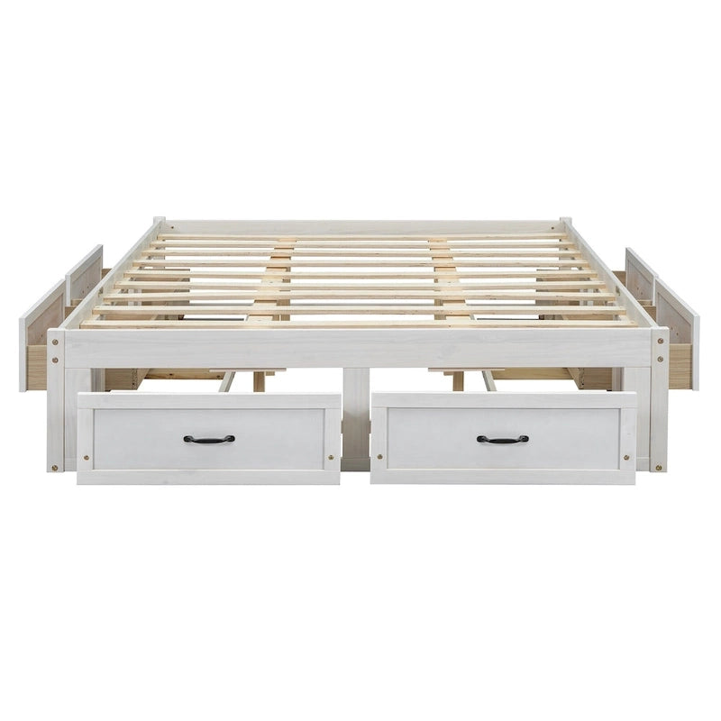Queen Size Platform Bed with 6 Storage Drawers, Antique White, Sleek Design for Bedroom Organization