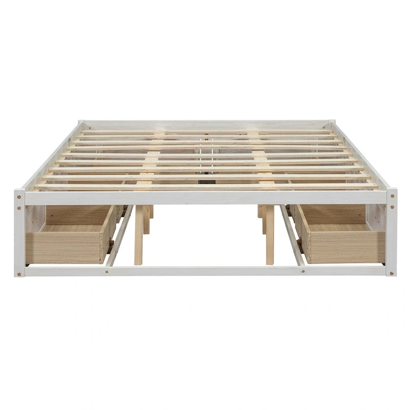 Queen Size Platform Bed with 6 Storage Drawers, Antique White, Sleek Design for Bedroom Organization