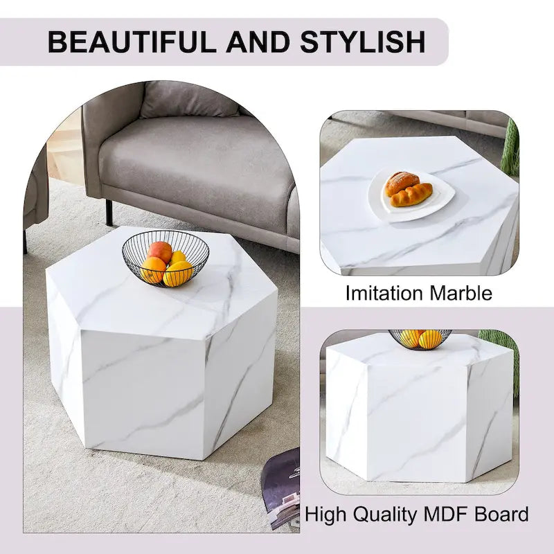 Hexagonal Coffee Table Textured Coffee Table with Non-slip Foot Mat Living Room End Table for Small Space