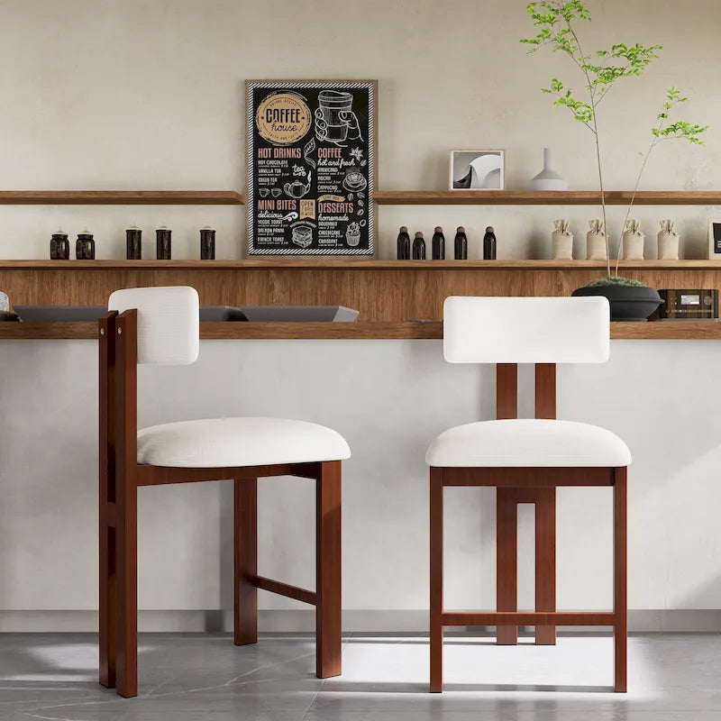 26.5 Round Upholstered Counter Stools, Set of 2 Low Back Bar Chairs with Black Metal Frame