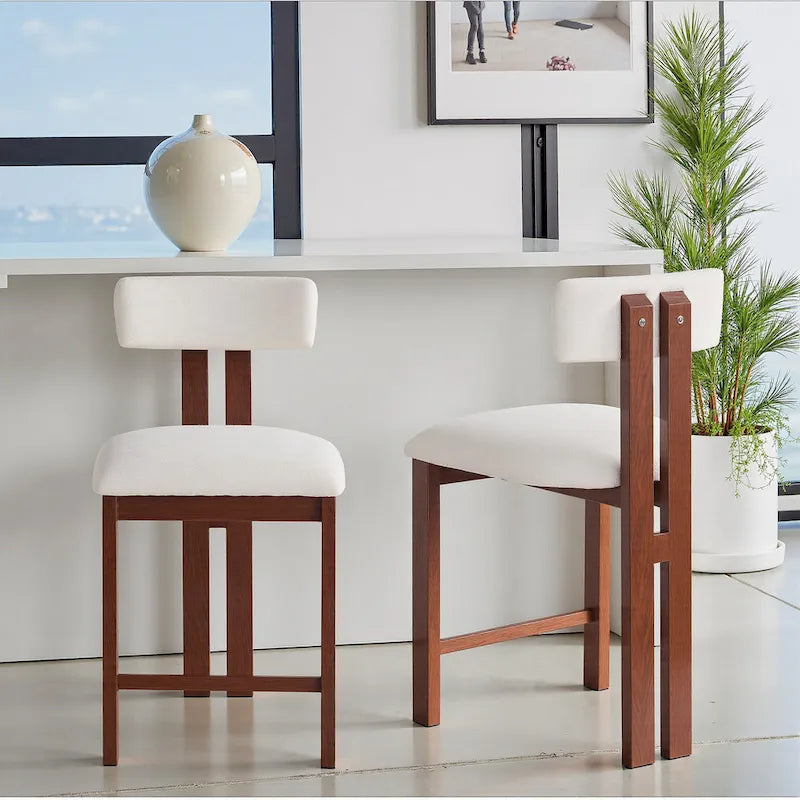 26.5 Round Upholstered Counter Stools, Set of 2 Low Back Bar Chairs with Black Metal Frame