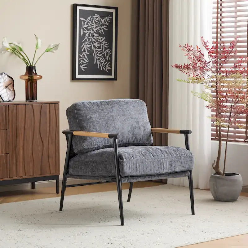Modern Accent Chair with Plush Cushions, Minimalist Metal Frame, and Wooden Armrest Design