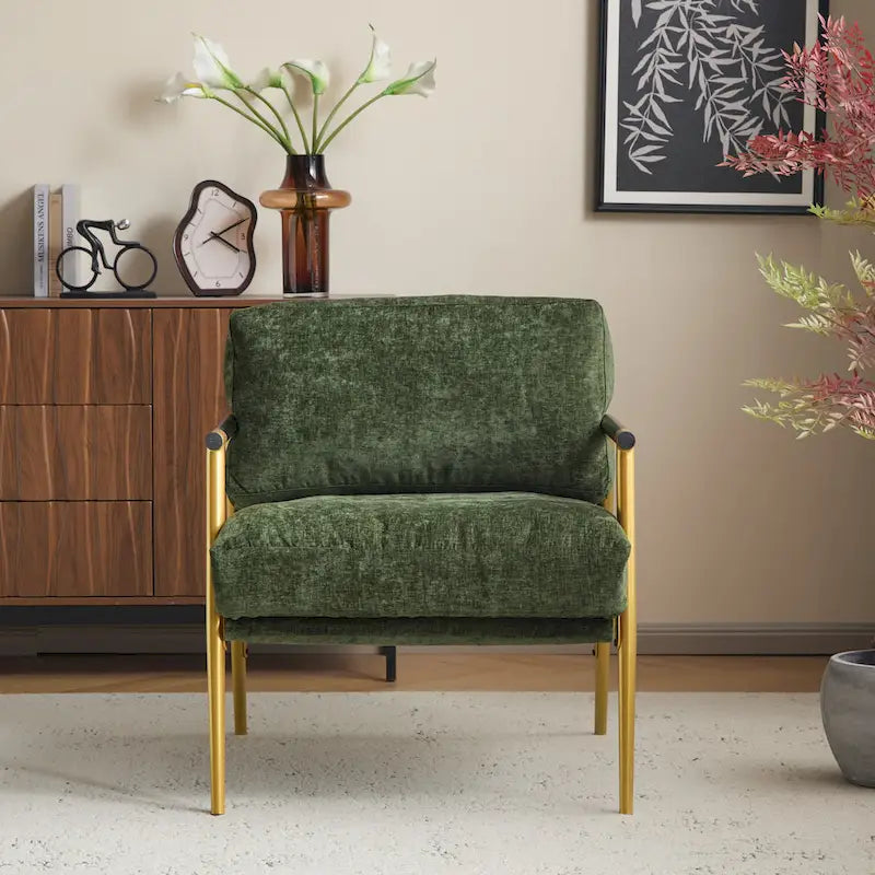 Modern Accent Chair with Plush Cushions, Minimalist Metal Frame, and Wooden Armrest Design