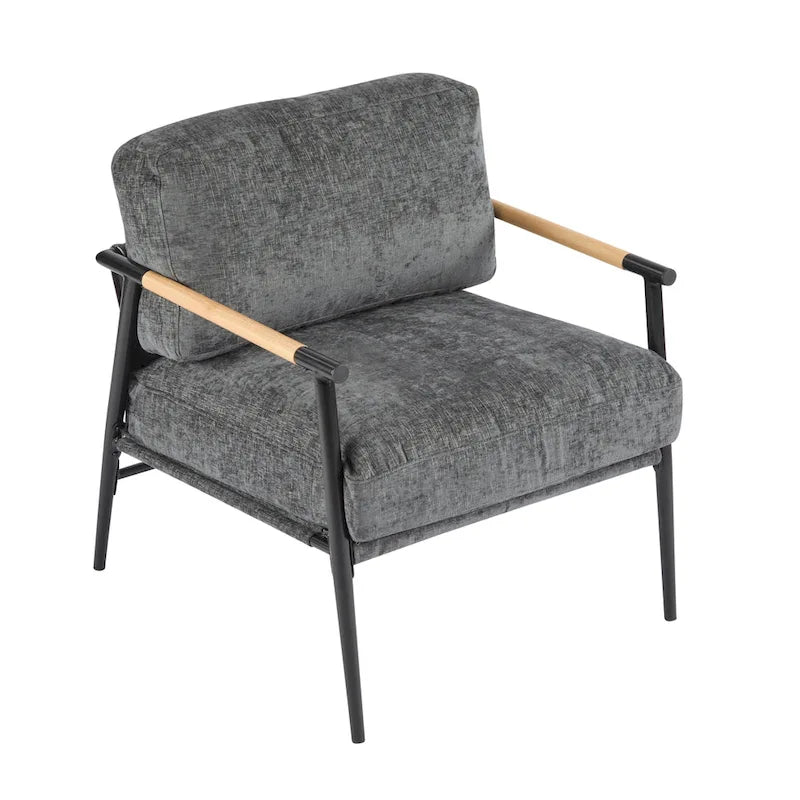 Modern Accent Chair with Plush Cushions, Minimalist Metal Frame, and Wooden Armrest Design