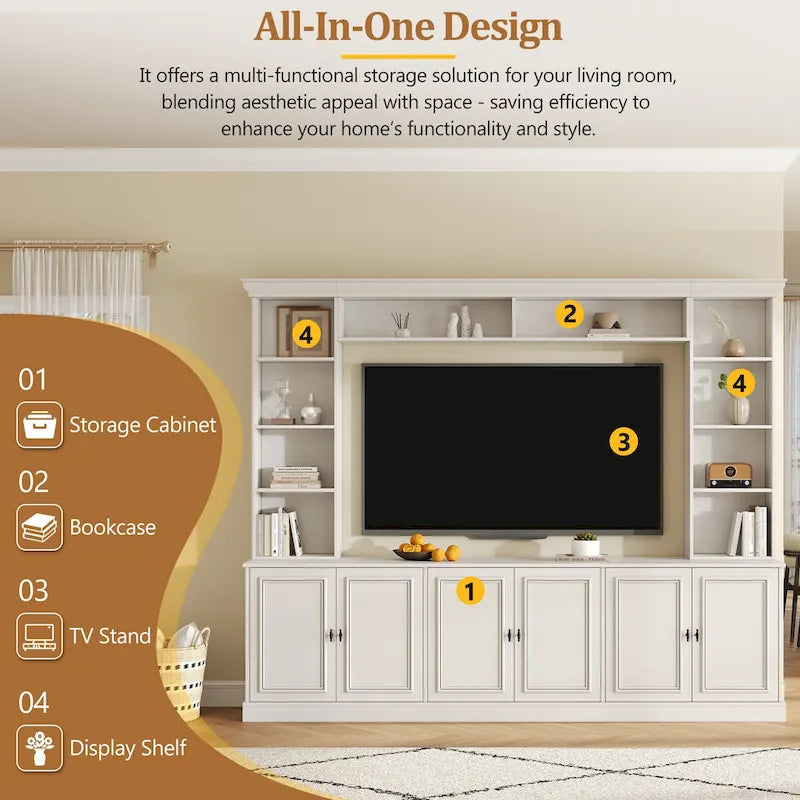 4-Piece Entertainment Center Wall Unit Set with Bridge for TVs Up to 70, TV Stand W/Adjustable Shelves, Large Media Console