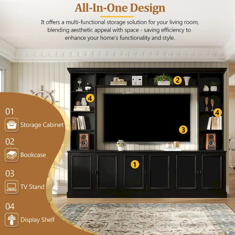 4-Piece Entertainment Center Wall Unit Set with Bridge for TVs Up to 70, TV Stand W/Adjustable Shelves, Large Media Console