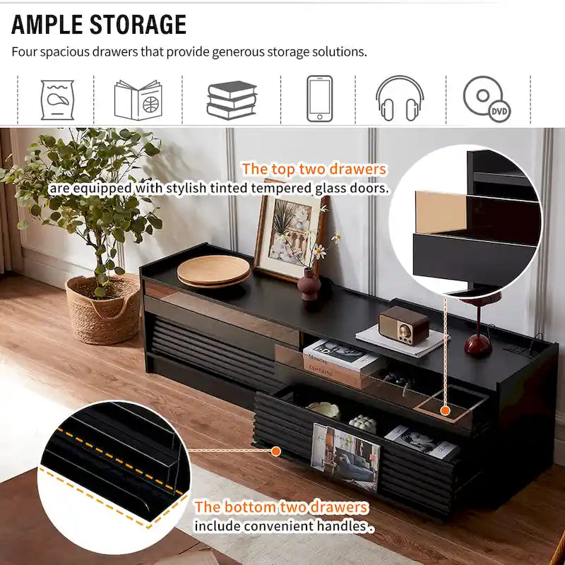 Modern TV Stand with Drawers Design and Built-in Charging Ports and Ambient LED Lighting