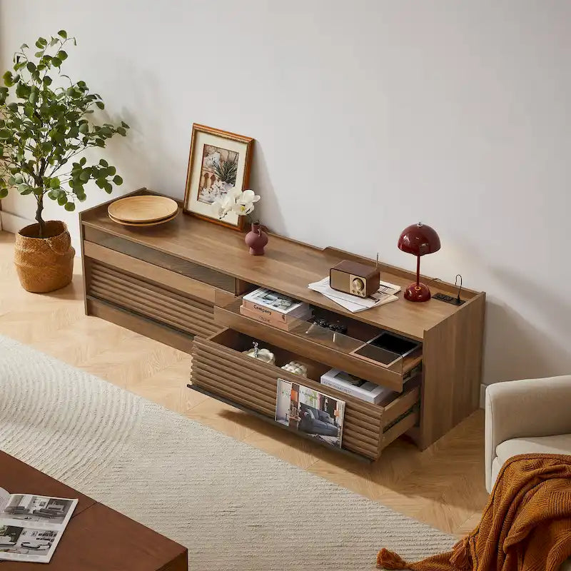 Modern TV Stand with Drawers Design and Built-in Charging Ports and Ambient LED Lighting