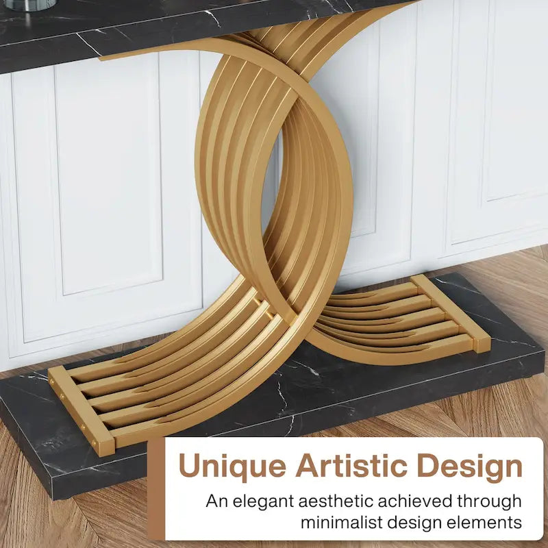 Black/ Gold Modern Sofa Table with Faux Marble Tabletop, 39 Inches Wood Foyer Table with Geometric Metal Legs for Entryway
