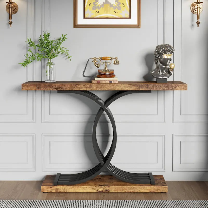 Black/ Gold Modern Sofa Table with Faux Marble Tabletop, 39 Inches Wood Foyer Table with Geometric Metal Legs for Entryway