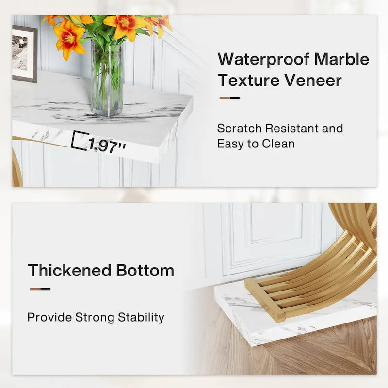 Black/ Gold Modern Sofa Table with Faux Marble Tabletop, 39 Inches Wood Foyer Table with Geometric Metal Legs for Entryway