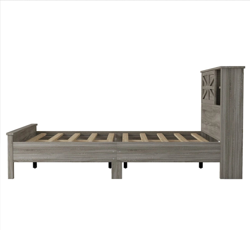 Farmhouse Platform Bed with Double Sliding Barn Door and Charging Station