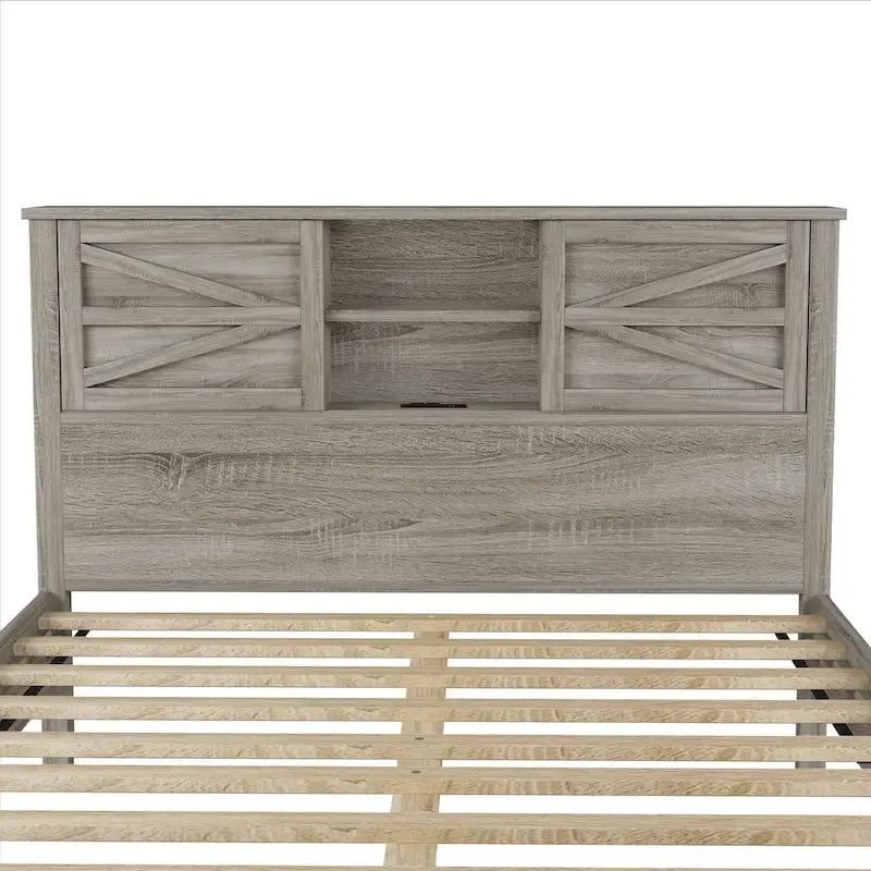 Farmhouse Platform Bed with Double Sliding Barn Door and Charging Station