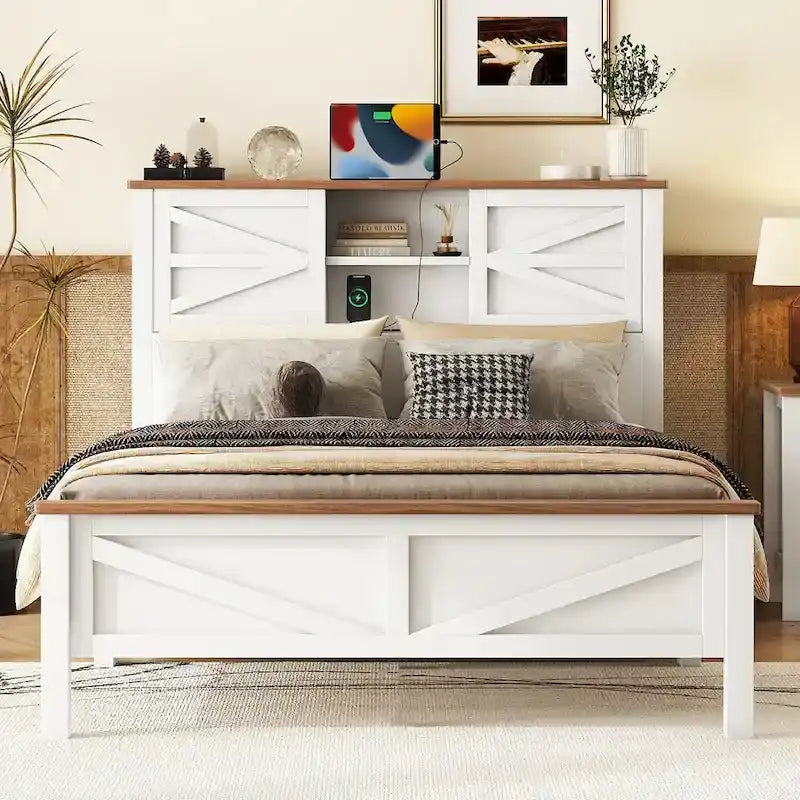 Farmhouse Platform Bed with Double Sliding Barn Door and Charging Station