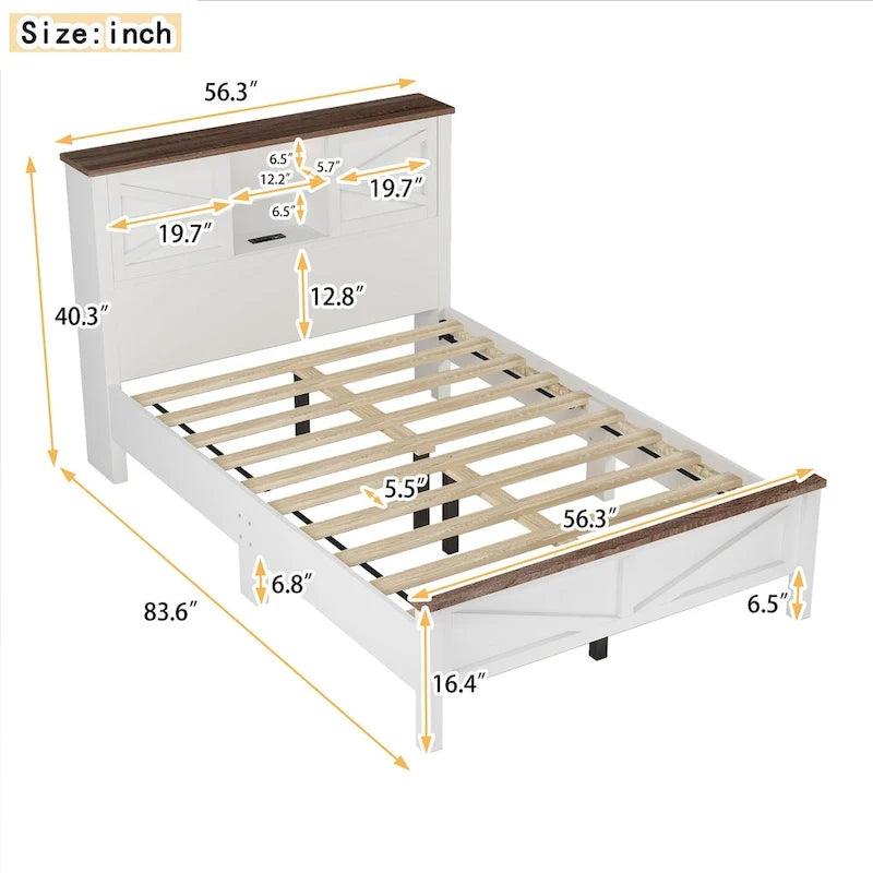 Farmhouse Platform Bed with Double Sliding Barn Door and Charging Station