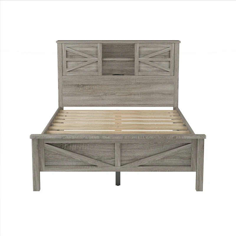 Farmhouse Platform Bed with Double Sliding Barn Door and Charging Station