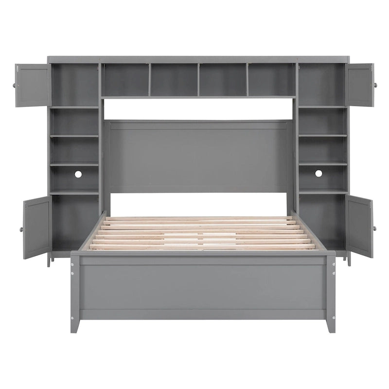Grey Wooden Full Size Bed With Integrated Storage Cabinet, Shelf, and Drawers, USB Ports