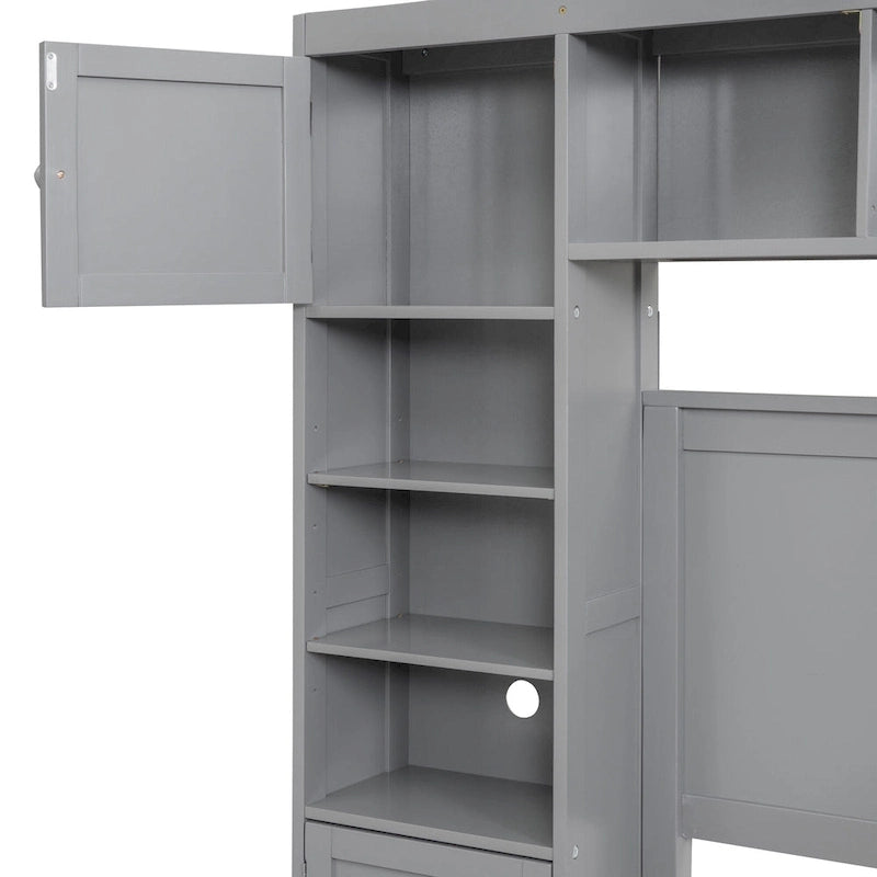 Grey Wooden Full Size Bed With Integrated Storage Cabinet, Shelf, and Drawers, USB Ports