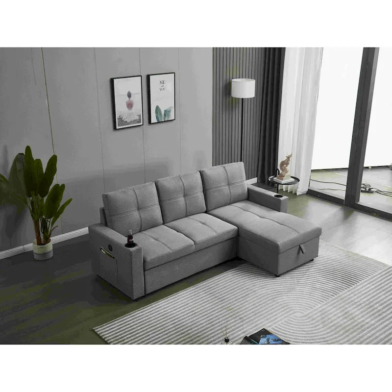Linen Sectional Sofa Reversible Chaise with Pull out Sleeper