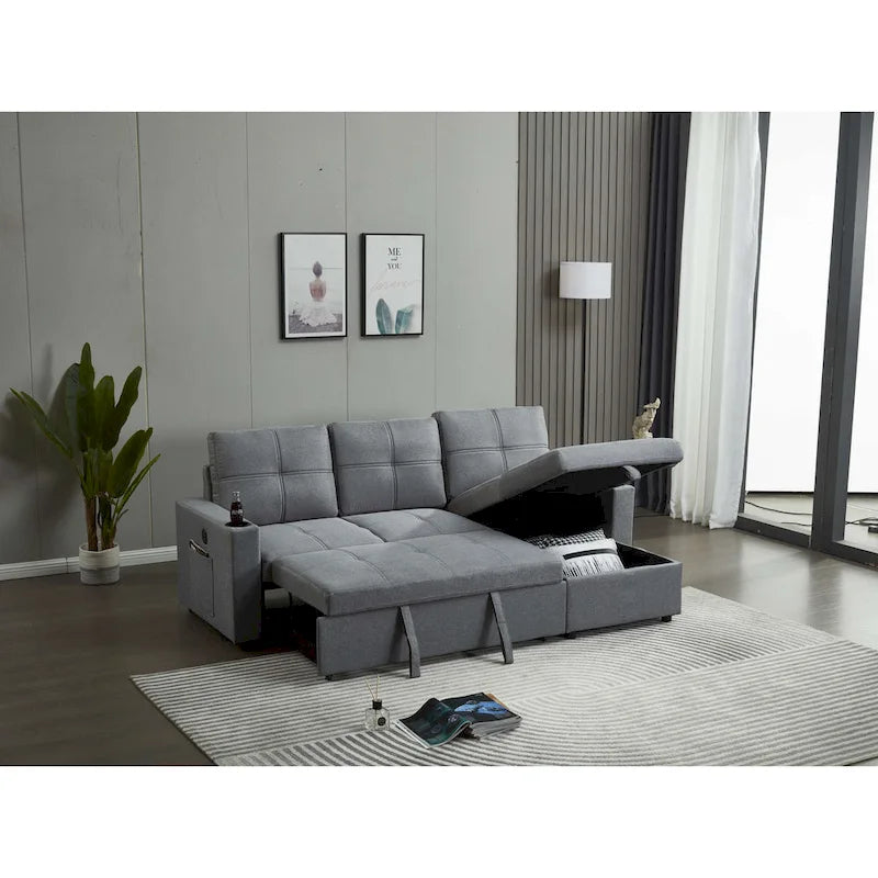 Linen Sectional Sofa Reversible Chaise with Pull out Sleeper