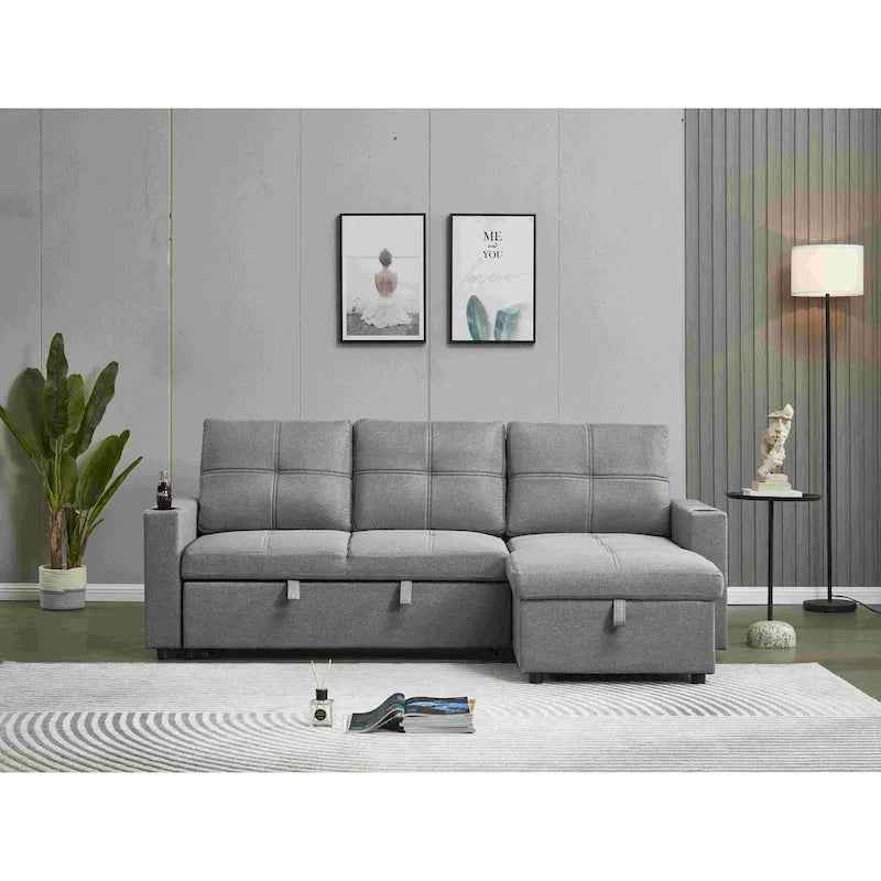 Linen Sectional Sofa Reversible Chaise with Pull out Sleeper