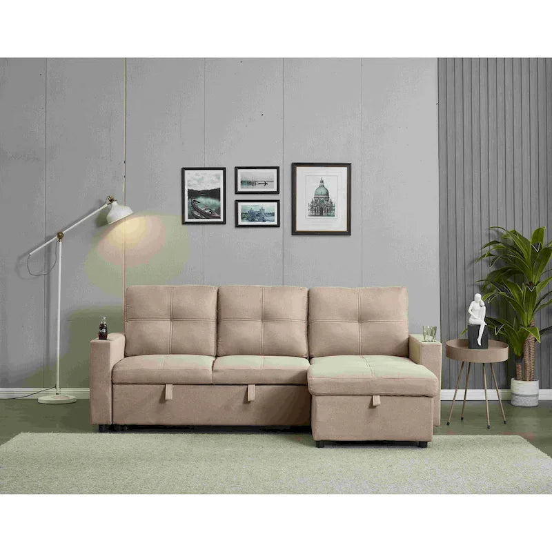 Linen Sectional Sofa Reversible Chaise with Pull out Sleeper