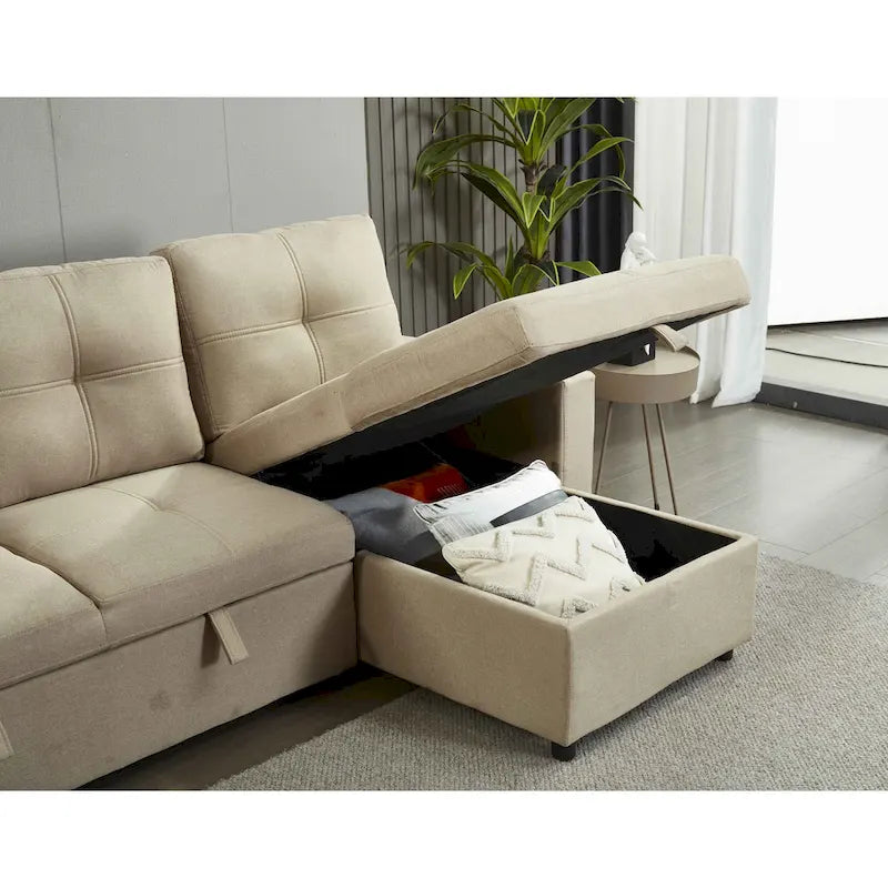 Linen Sectional Sofa Reversible Chaise with Pull out Sleeper