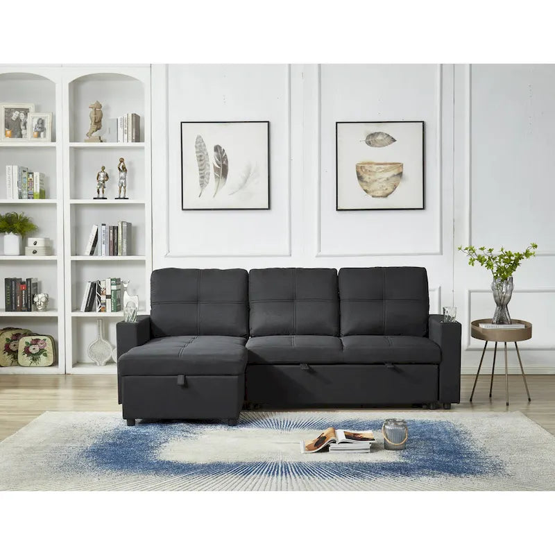 Linen Sectional Sofa Reversible Chaise with Pull out Sleeper