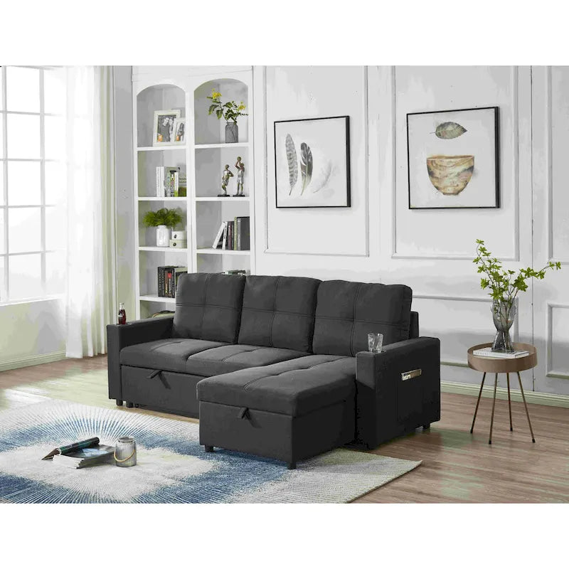 Linen Sectional Sofa Reversible Chaise with Pull out Sleeper