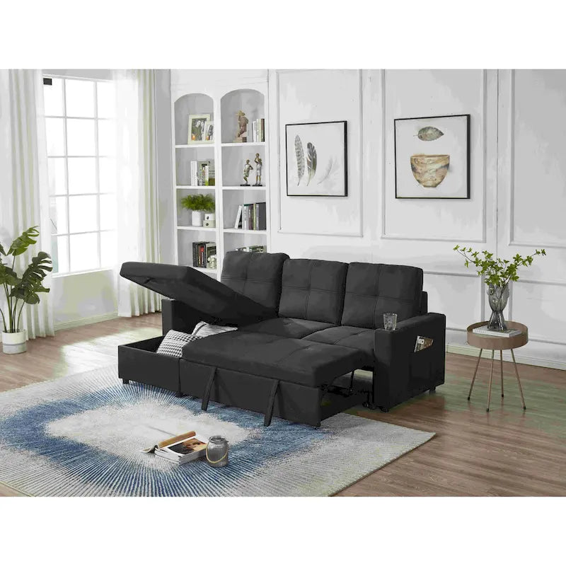 Linen Sectional Sofa Reversible Chaise with Pull out Sleeper