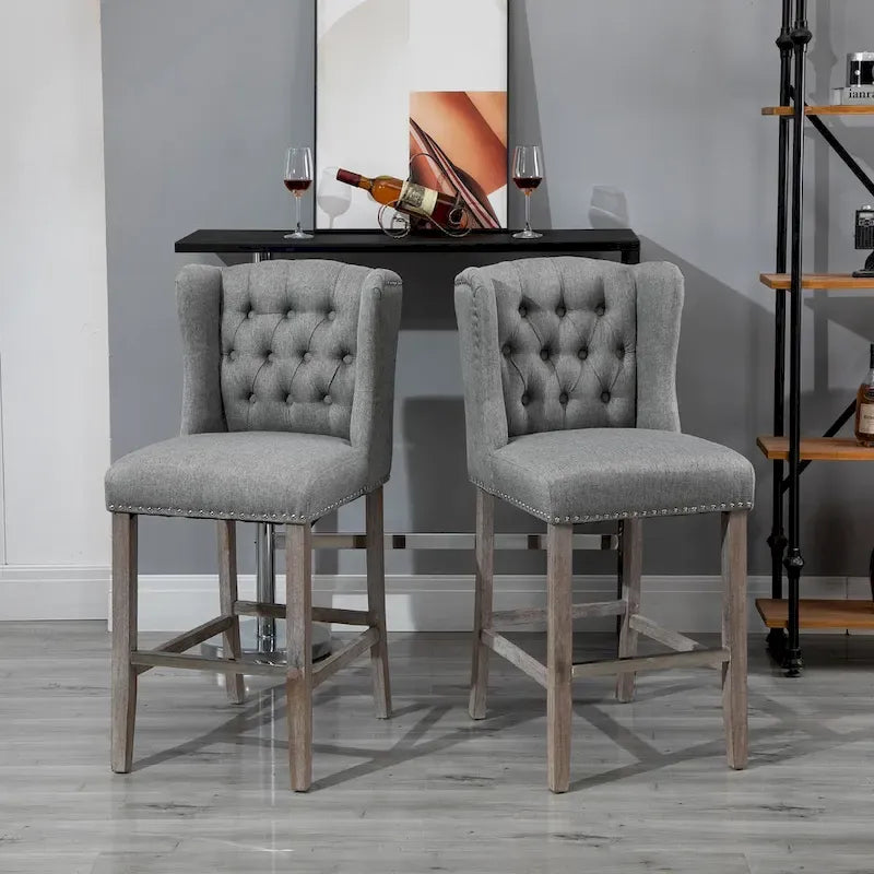 2 Piece Counter Height Barstools Kitchen Breakfast Stools with Nailhead-Trim and Tufted Back, Solid Wood Legs