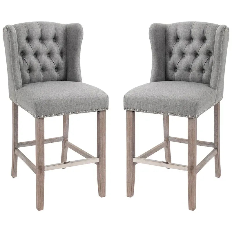 2 Piece Counter Height Barstools Kitchen Breakfast Stools with Nailhead-Trim and Tufted Back, Solid Wood Legs