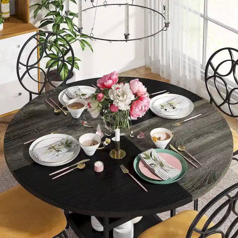 Round Dining Table for 4, 47 inch Kitchen Table Small Dinner Table with Storage Shelf