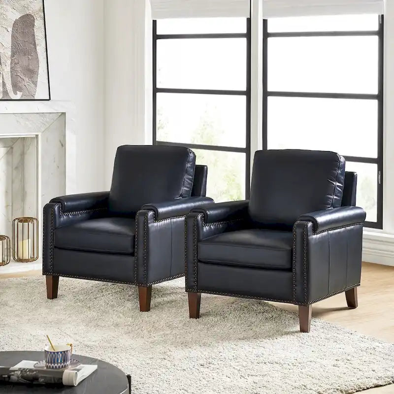 Kunz Transitional Genuine Leather Armchair with Removable Cushion and Nailhead Trims Set of 2