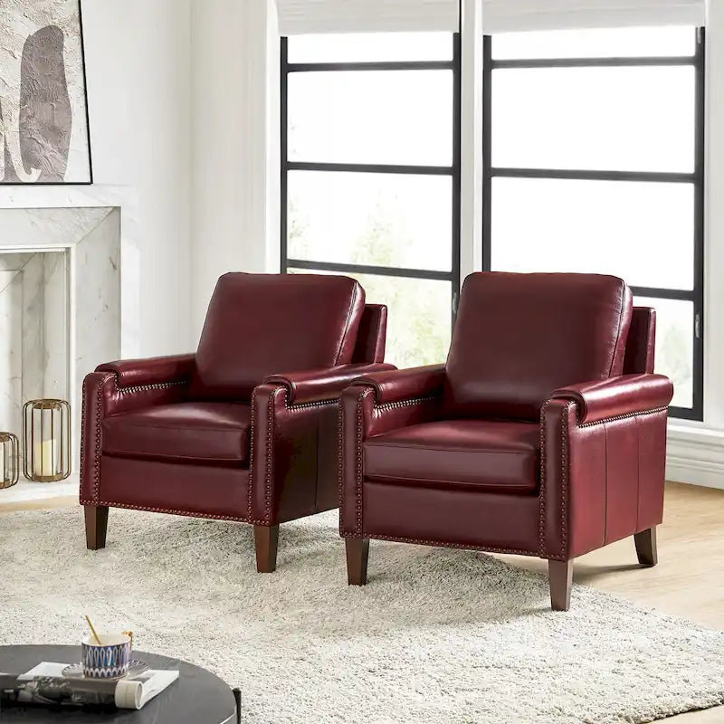 Kunz Transitional Genuine Leather Armchair with Removable Cushion and Nailhead Trims Set of 2
