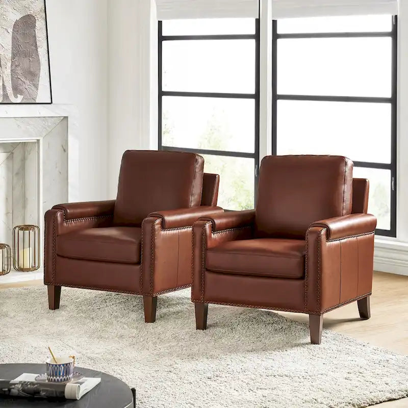 Kunz Transitional Genuine Leather Armchair with Removable Cushion and Nailhead Trims Set of 2