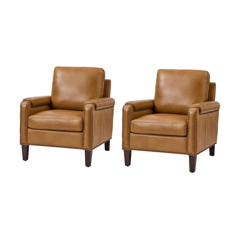 Kunz Transitional Genuine Leather Armchair with Removable Cushion and Nailhead Trims Set of 2