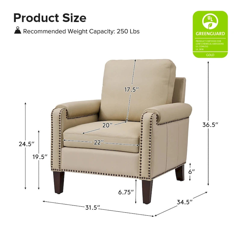 Kunz Transitional Genuine Leather Armchair with Removable Cushion and Nailhead Trims Set of 2