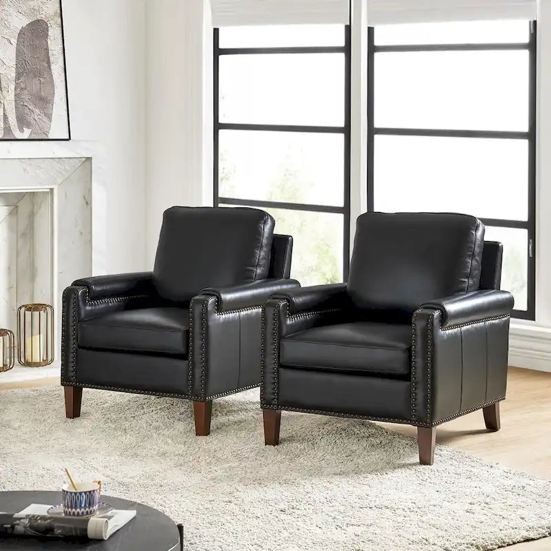 Kunz Transitional Genuine Leather Armchair with Removable Cushion and Nailhead Trims Set of 2