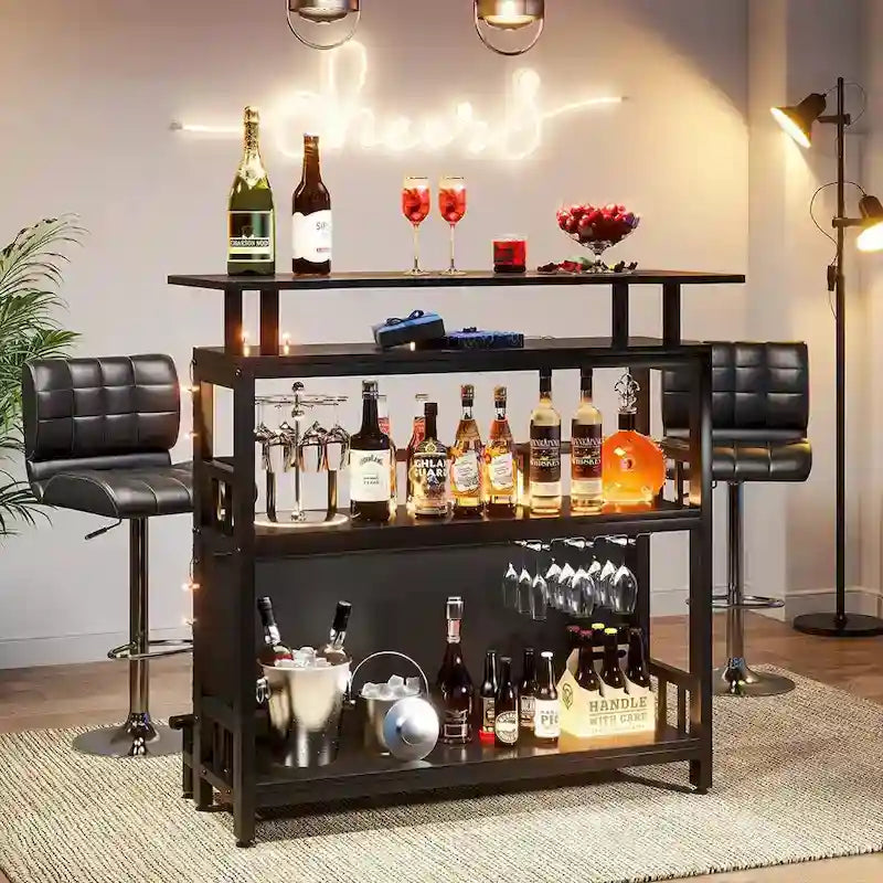 Bar Unit Bar Counter Table for Home Liquor with Front Upholstered Storage Shelf Metal Front Footrest for Home Basement
