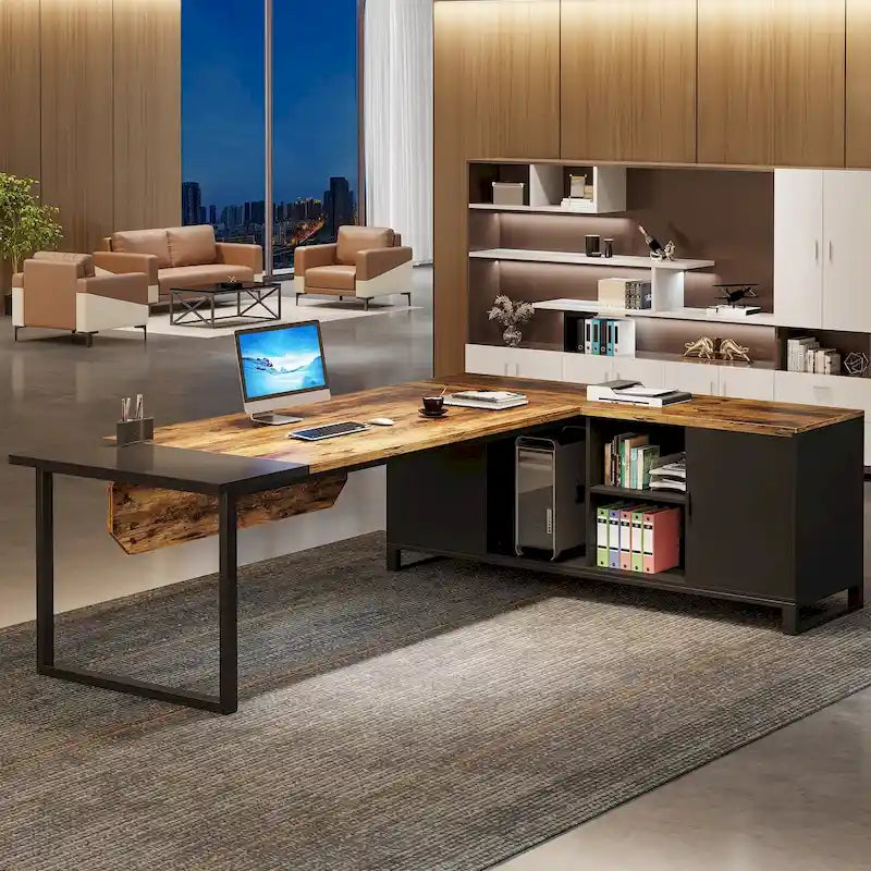 70.9-Inch L-Shaped Computer Desk Large Executive Office Desk with File Cabinet Set for Home Office